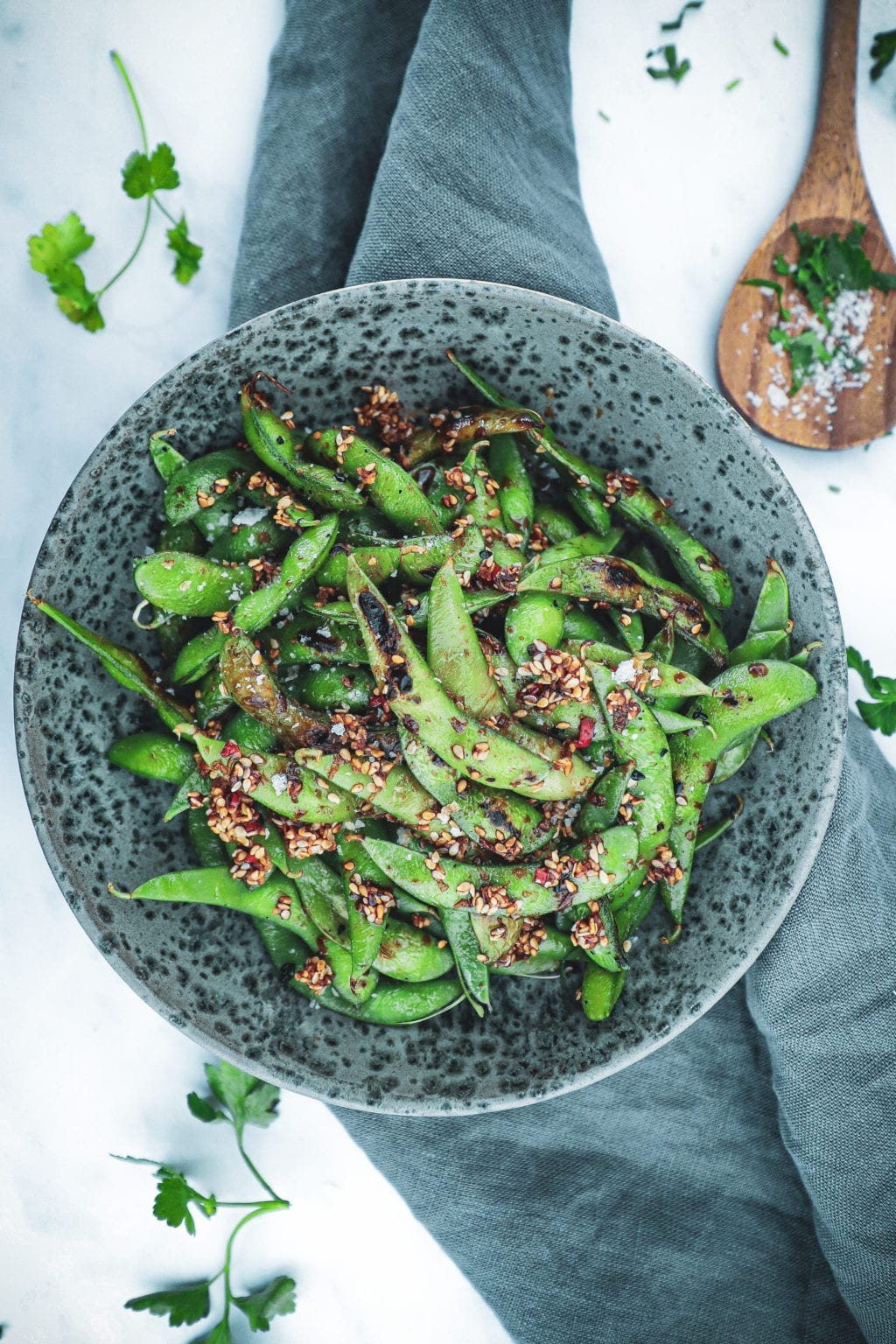 Grillede edamamebønner Opskrift med chili, hvidløg og sesam