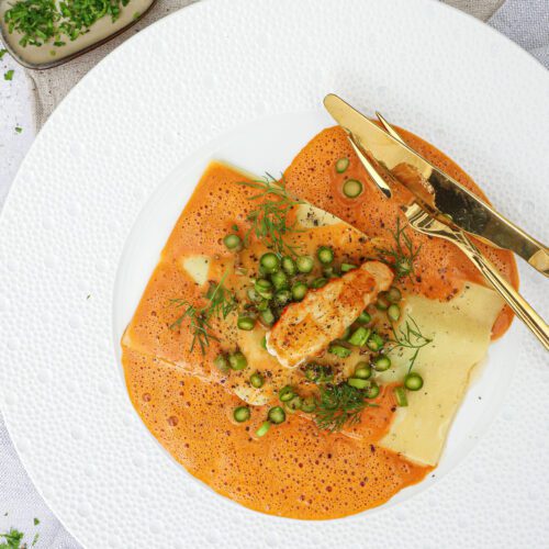 Åben ravioli med jomfruhummer og bisque Opskrift på ravioli med